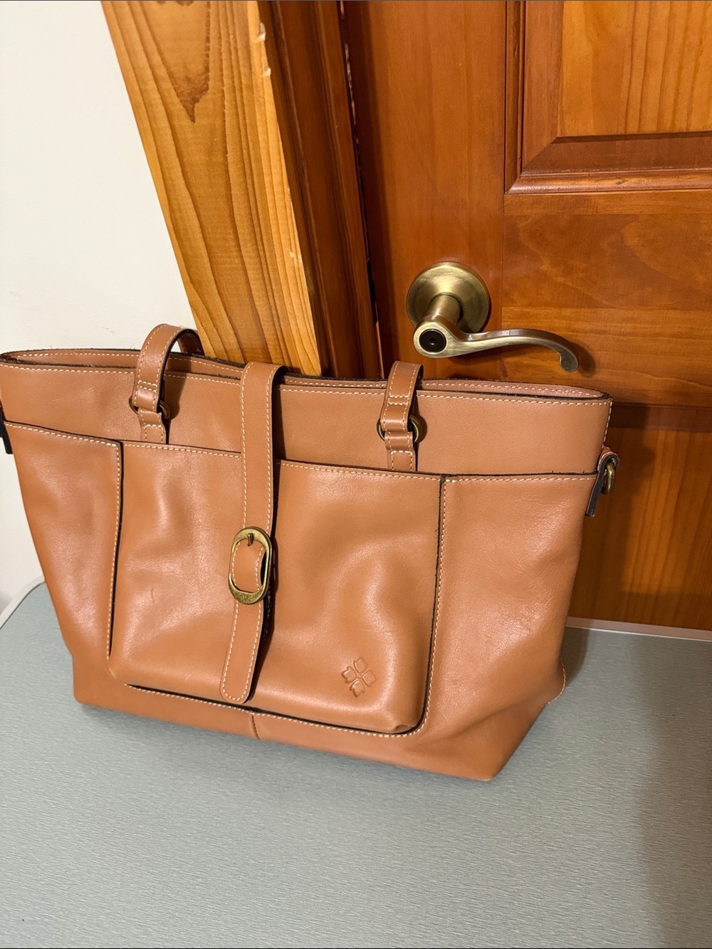 Patricia Nash Tan Tote with Front Pocket back pocket and Buckle Strap